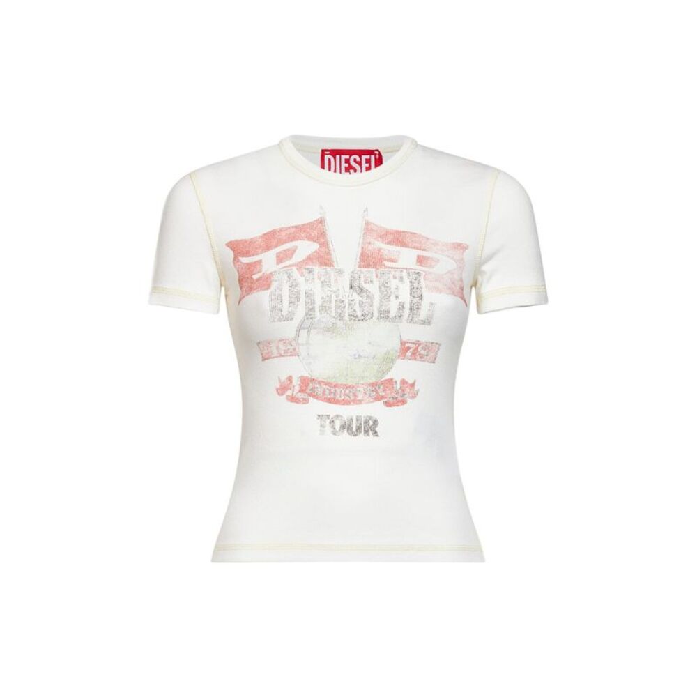 Diesel Women Ecru Ribbed Jersey T-Marsy-Rib Printed T-Shirt